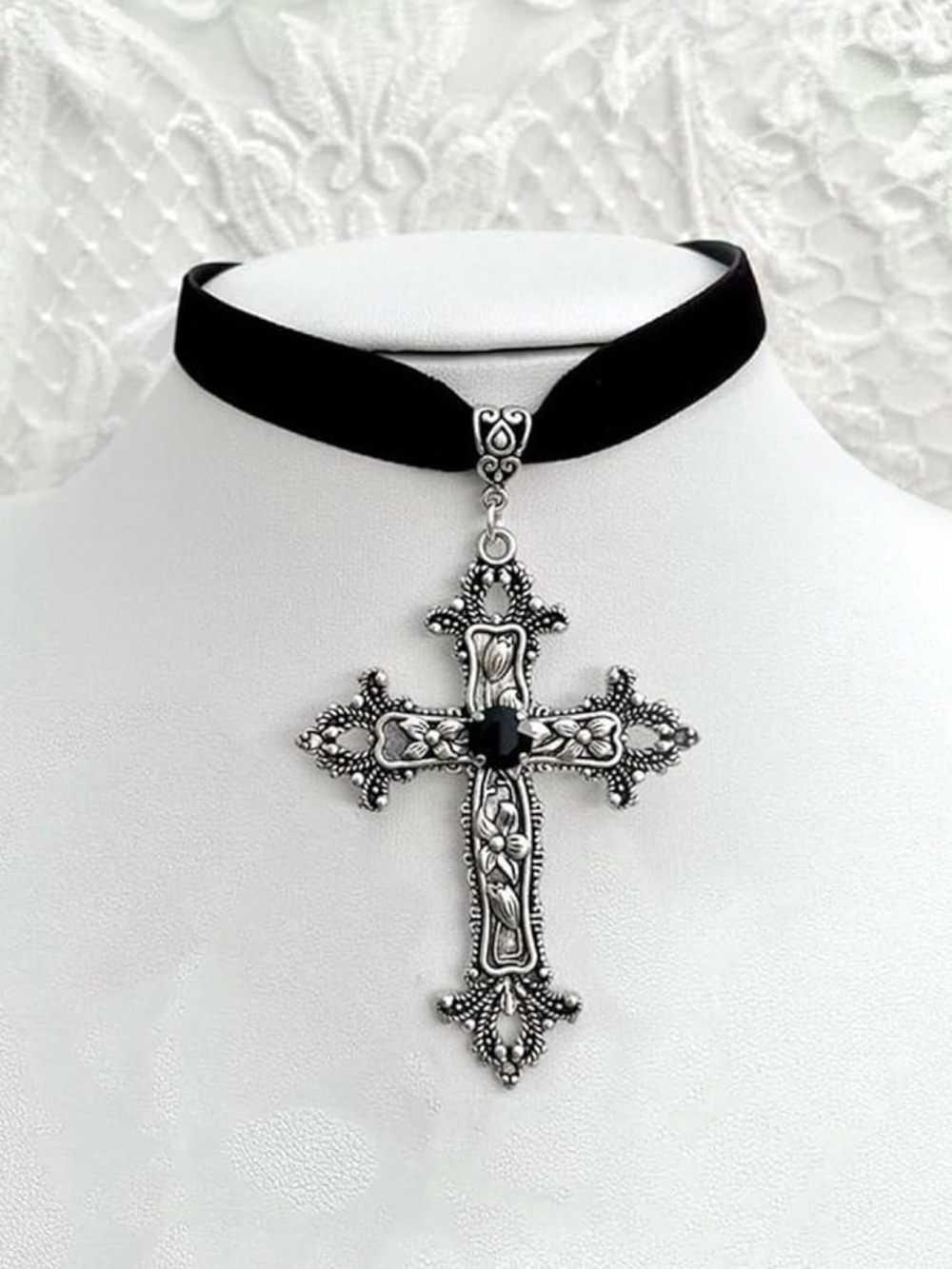 Black Velvet Choker with Ornate Silver Cross Pendant